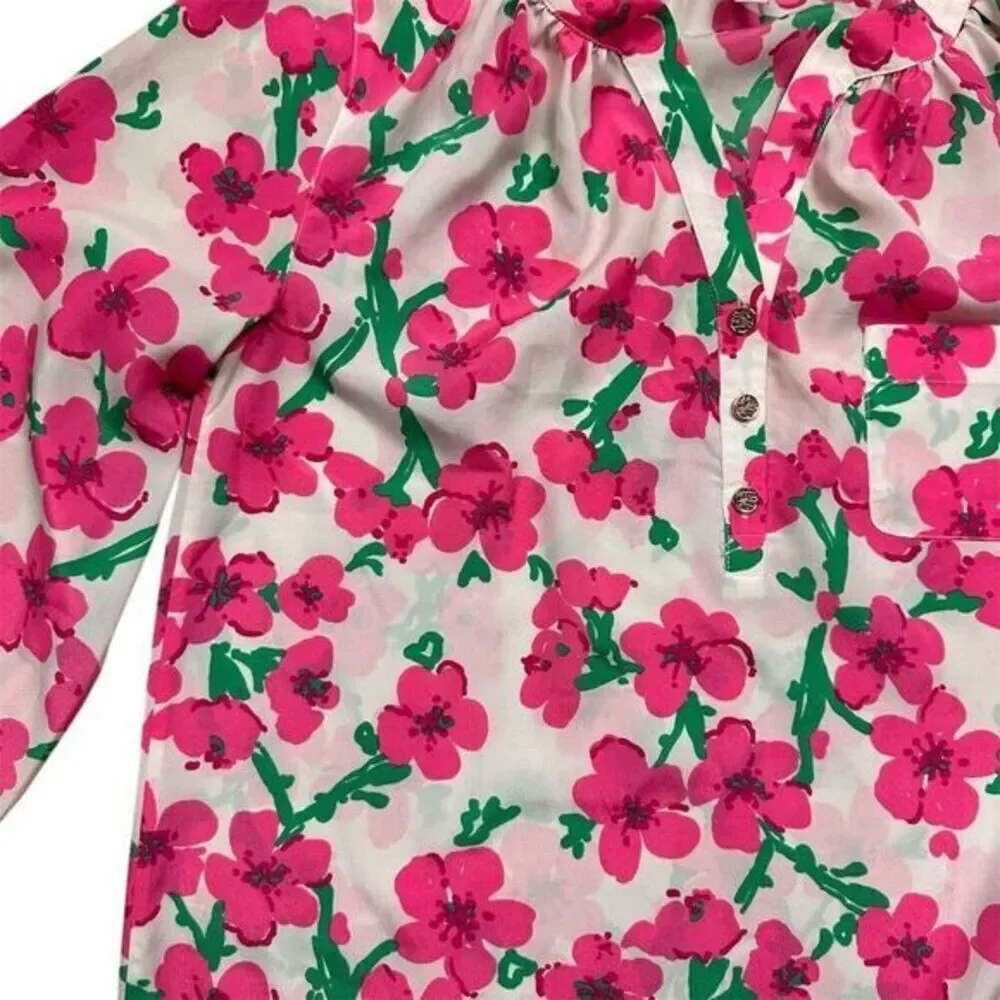 Lilly‎ Pulitzer Alima Women's Pink Floral and Trees V-Neck Blouse Size S - Picture 4 of 10